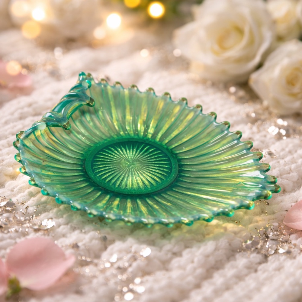 Mid Century Modern Fostoria Heirloom Green Opalescent Glass Candy Dish  Ribbed,